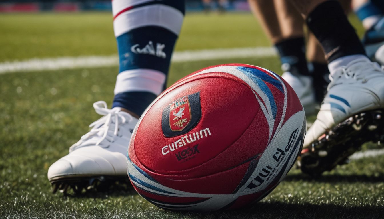 Rugby ball on the field with players' feet and cleats in the background.
