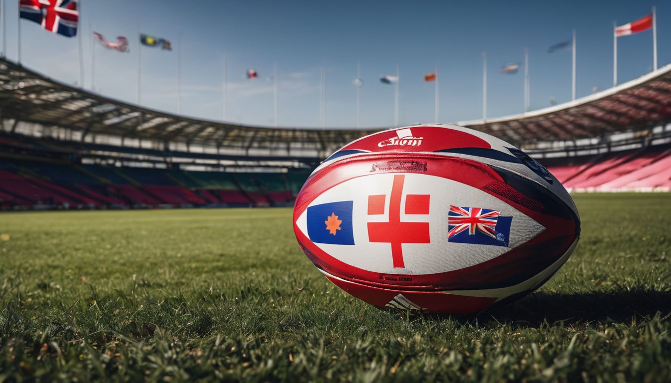 Rugby ball featuring various national flags on the field with stadium seating and flags in the background.