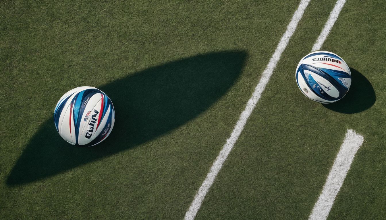Two rugby balls near the touchline on a grass field with distinct shadows casting on the ground.