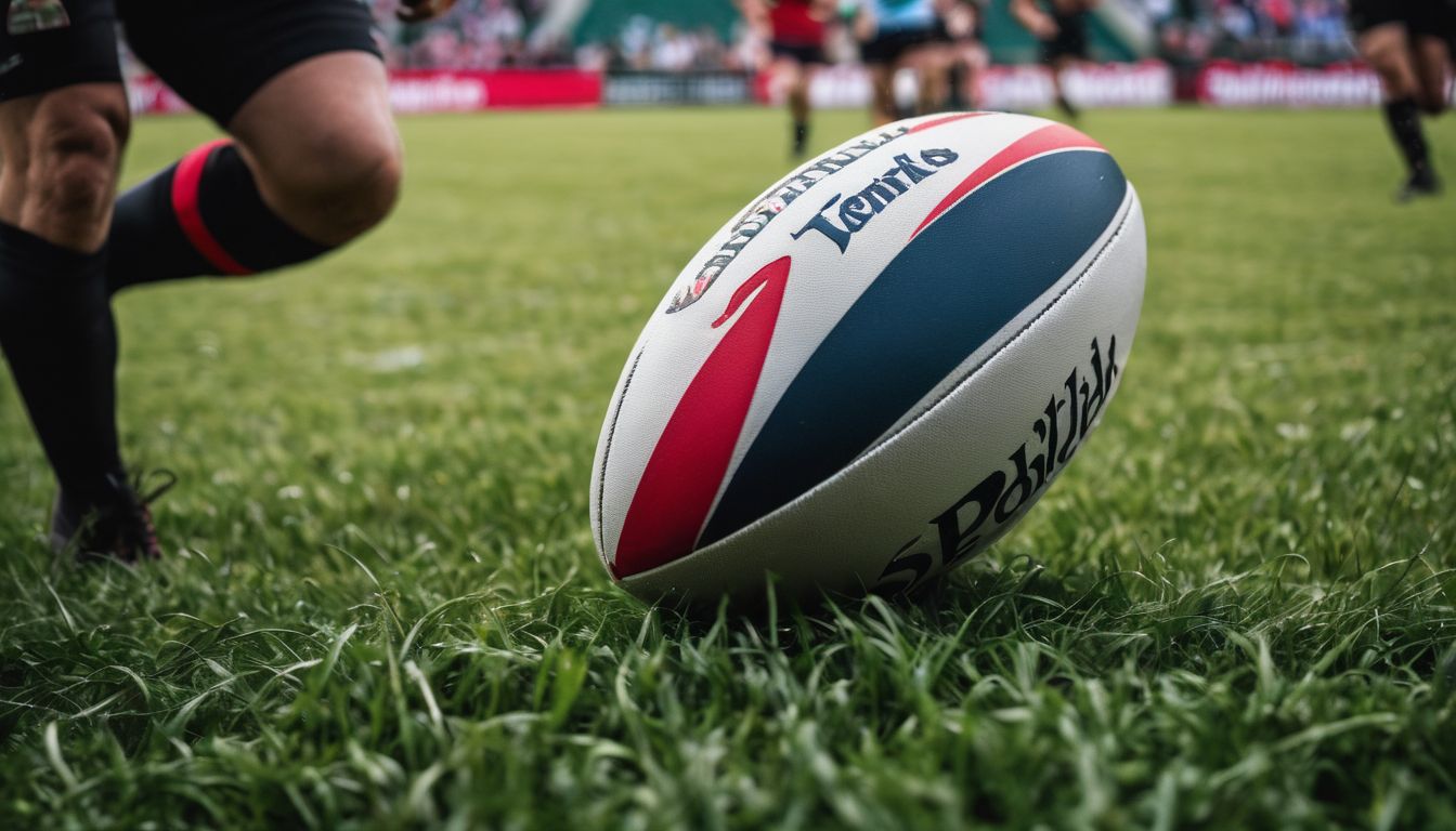 A rugby ball on the grass with players in the background during a match.