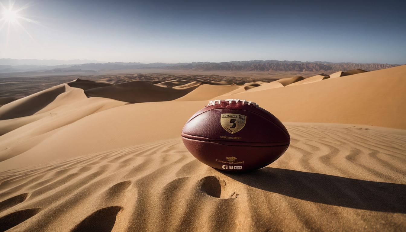 American football on sandy desert dunes under a clear sky at sunrise.