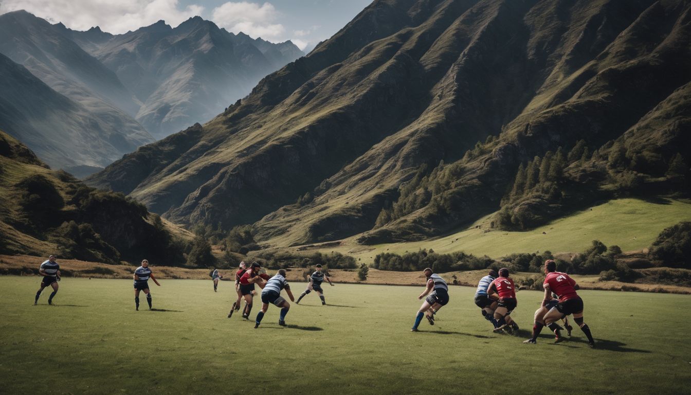 Rugby players engaging in a match in a valley surrounded by mountainous terrain.