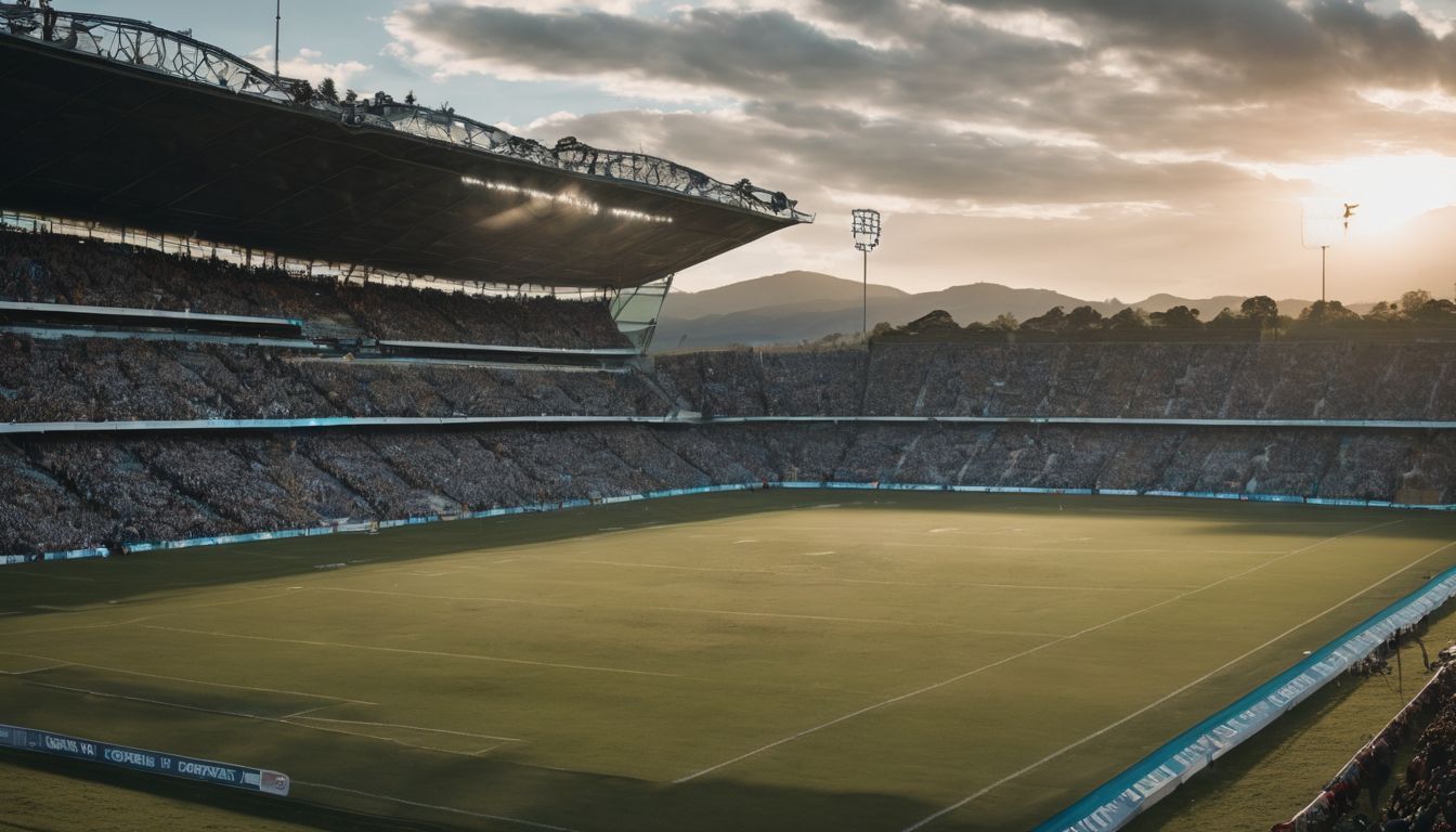 Sunset at an empty stadium with the stands partially filled with spectators.