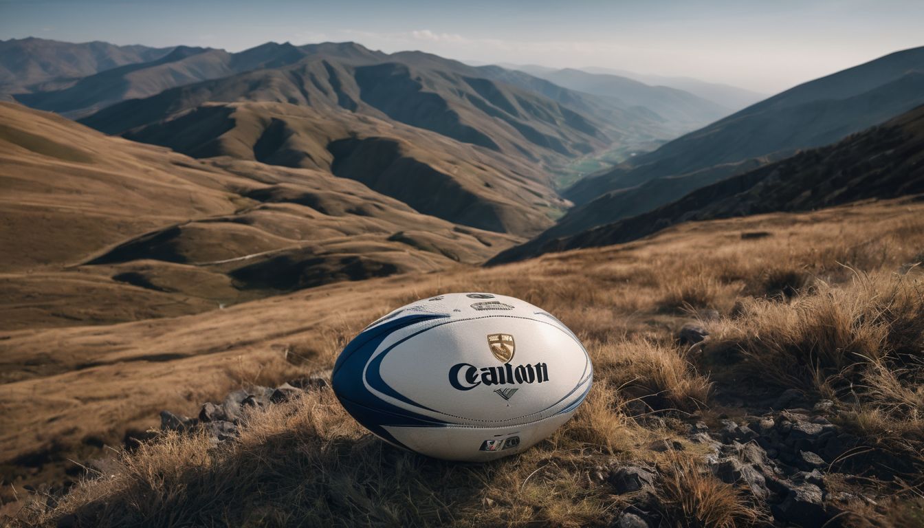 A rugby ball resting on the mountainous terrain of Armenia with sweeping valley views in the background.