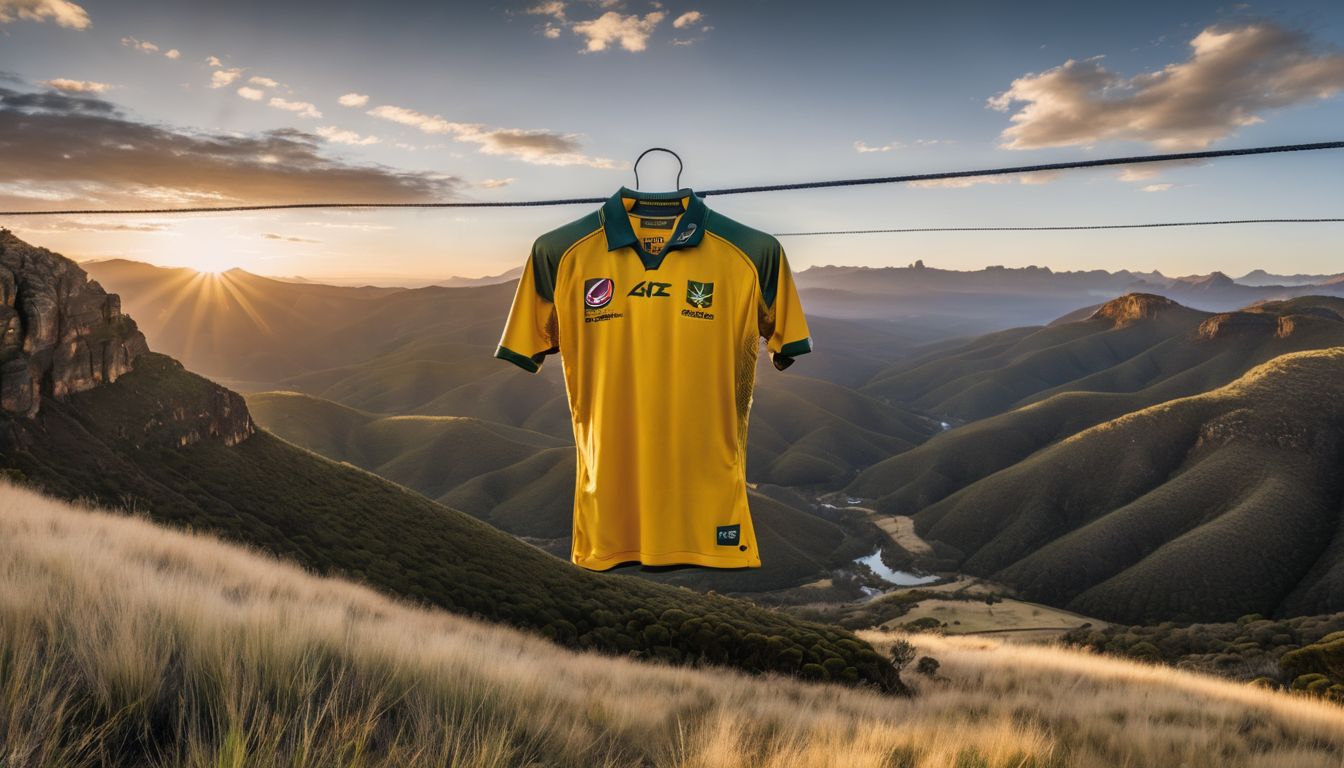 A rugby jersey hanging on a clothesline against a picturesque mountainous backdrop at sunrise.