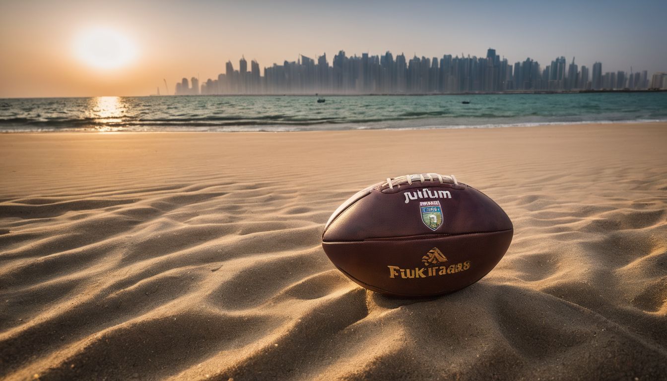 A rugby ball rests on a sandy beach with a city skyline silhouette in the background at sunset in Bahrain.