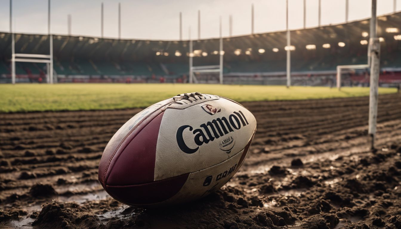 A rugby ball on a muddy pitch with stadium stands in the background.