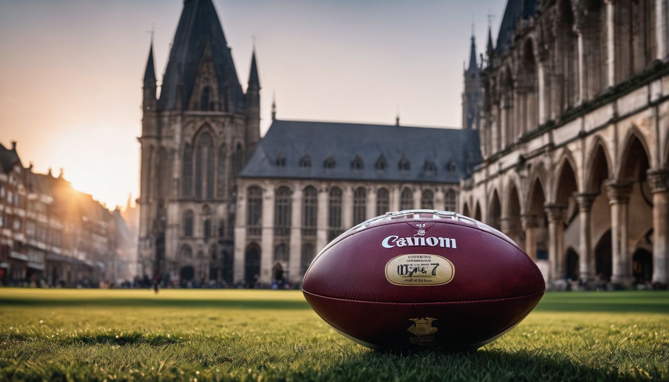 An american football resting on a grassy field with a gothic cathedral in the background at sunset.