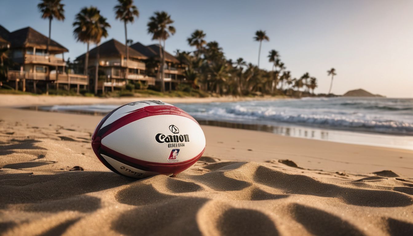 Rugby ball on a sandy beach with tropical palm trees and resort buildings in the background.