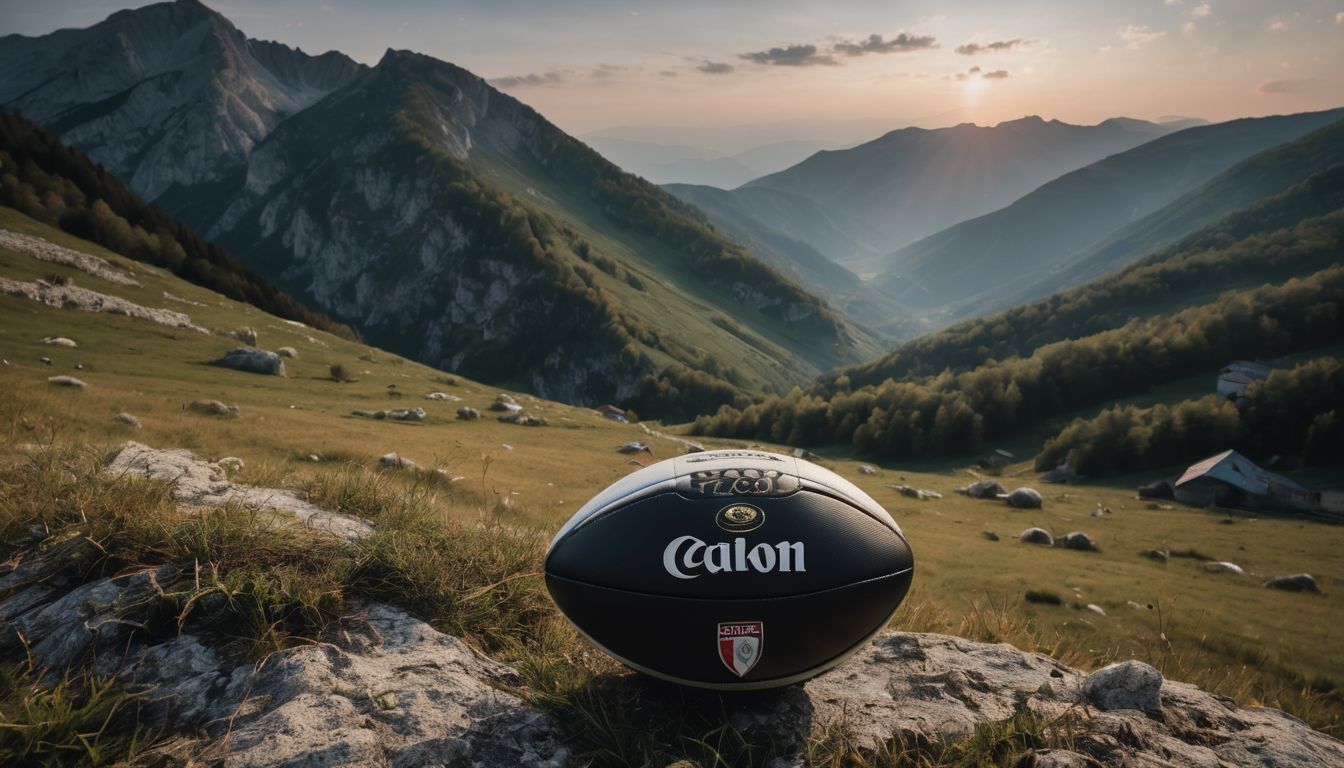 Rugby ball on grassy mountain terrain with sunset over the valley.
