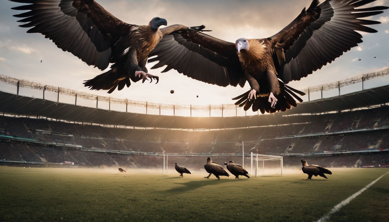 Two large birds in mid-flight above a rugby field in Botswana with other birds on the ground, against the backdrop of an illuminated stadium.