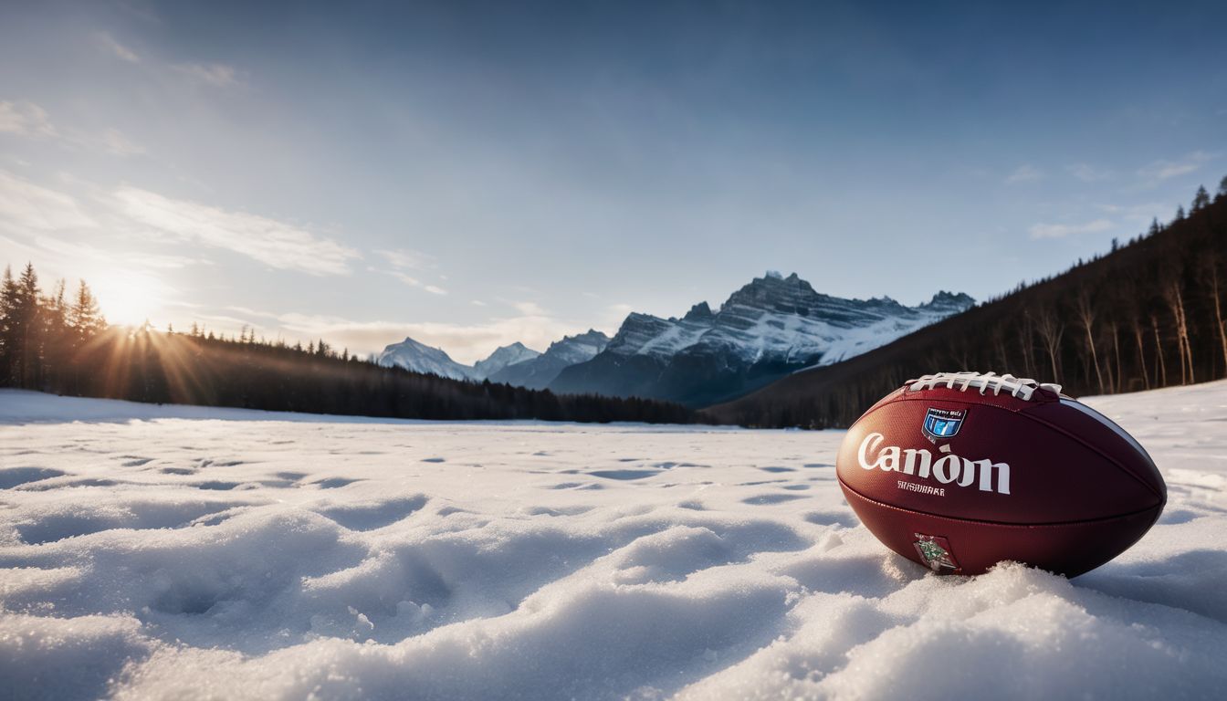 American football on a snowy field with mountain backdrop at sunset.