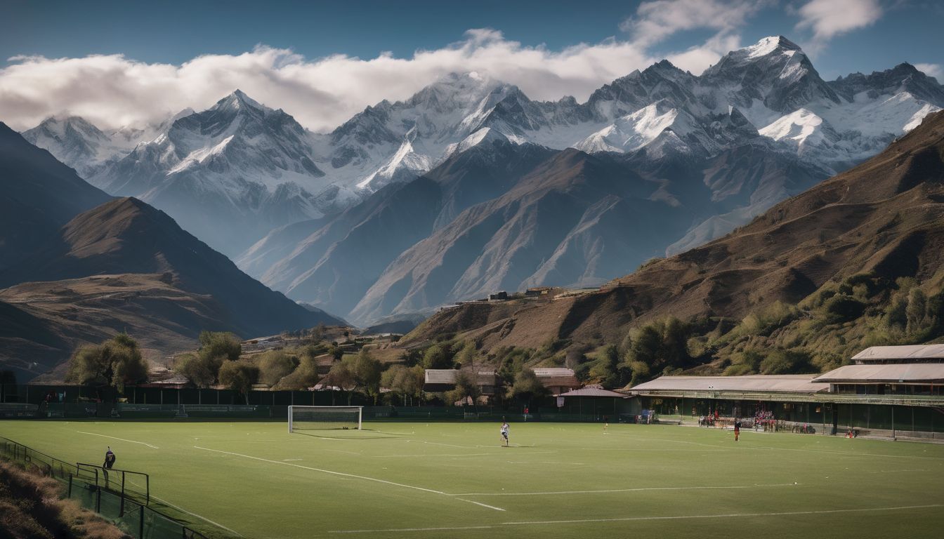 A soccer match taking place on a lush green field with a dramatic backdrop of towering, snow-capped mountains.