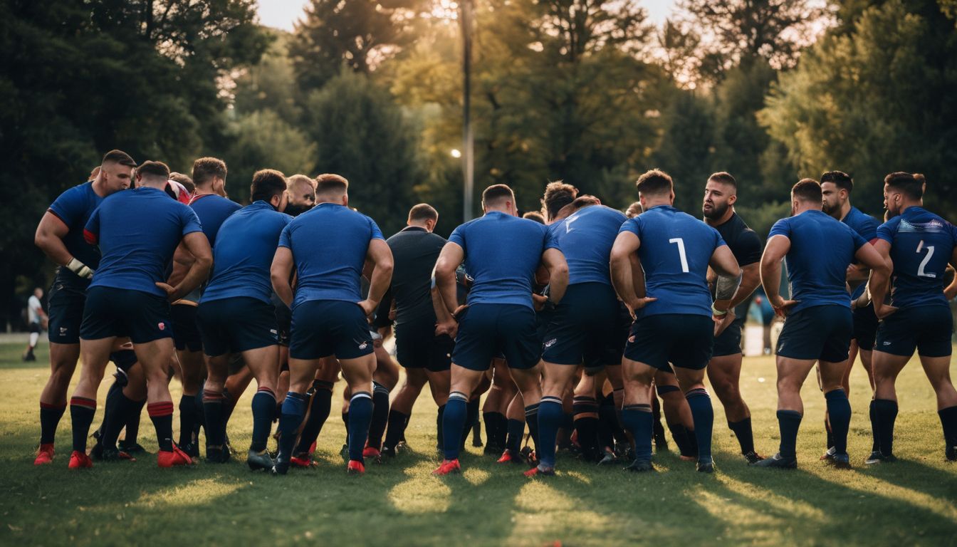 Rugby players in blue jerseys huddle before a match at dusk.