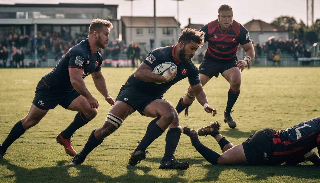 Rugby players in action during a match, with one player running with the ball as opponents attempt to tackle him.