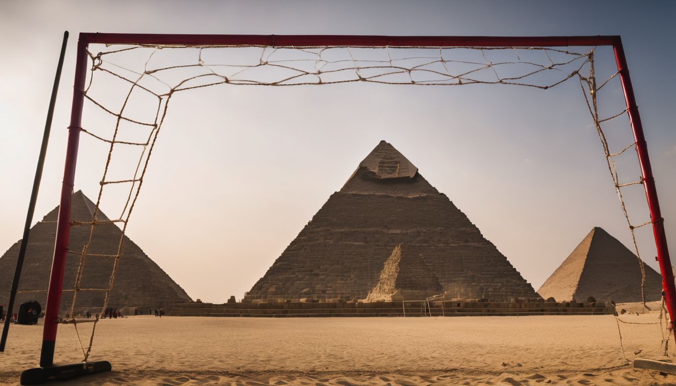 A soccer goal stands in the foreground with the pyramids of giza in the background under a hazy sky.