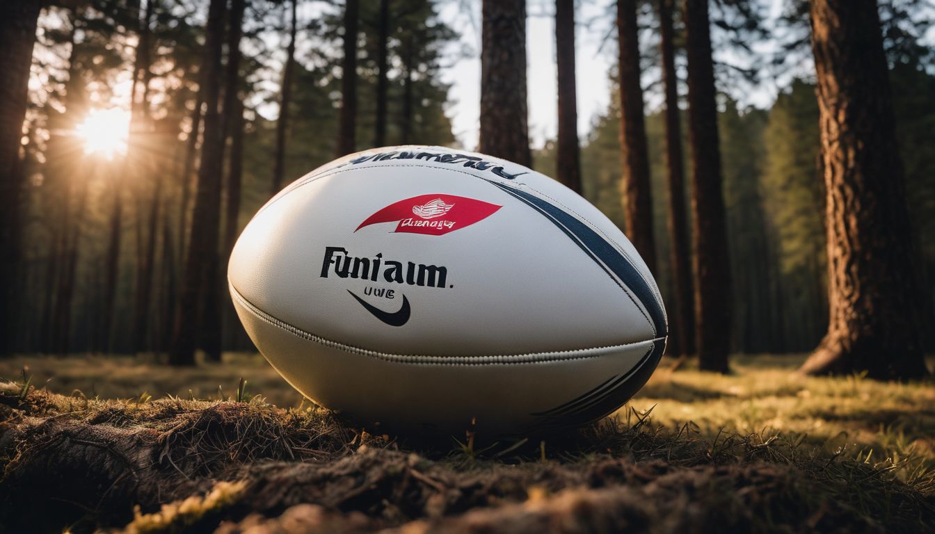 Rugby ball on forest floor with sun rays piercing through trees.