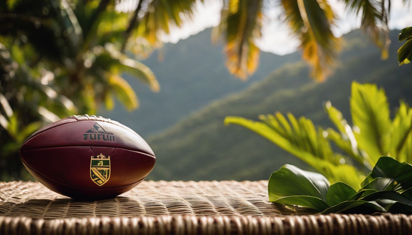 An american football resting on a woven surface with tropical foliage and mountains in the background.