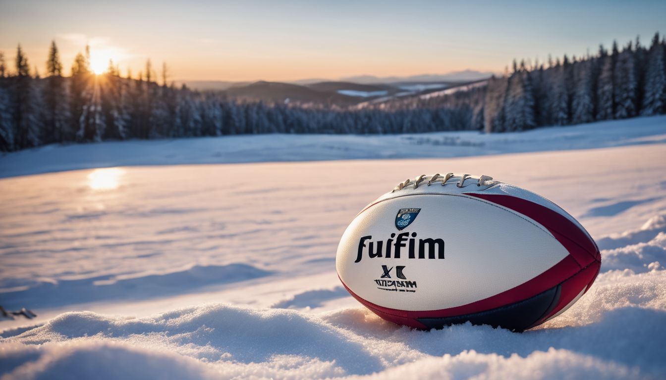 A rugby ball resting on snow against a sunrise mountain backdrop.