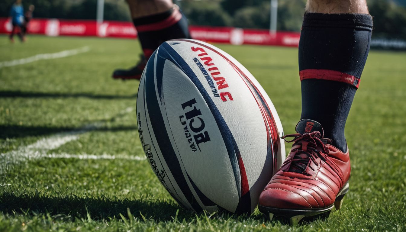 A rugby ball positioned on the grass with a player's foot beside it, ready for a kickoff.
