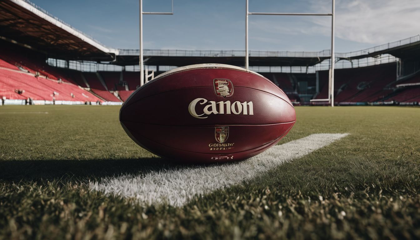 Rugby ball on the field with stadium in the background.