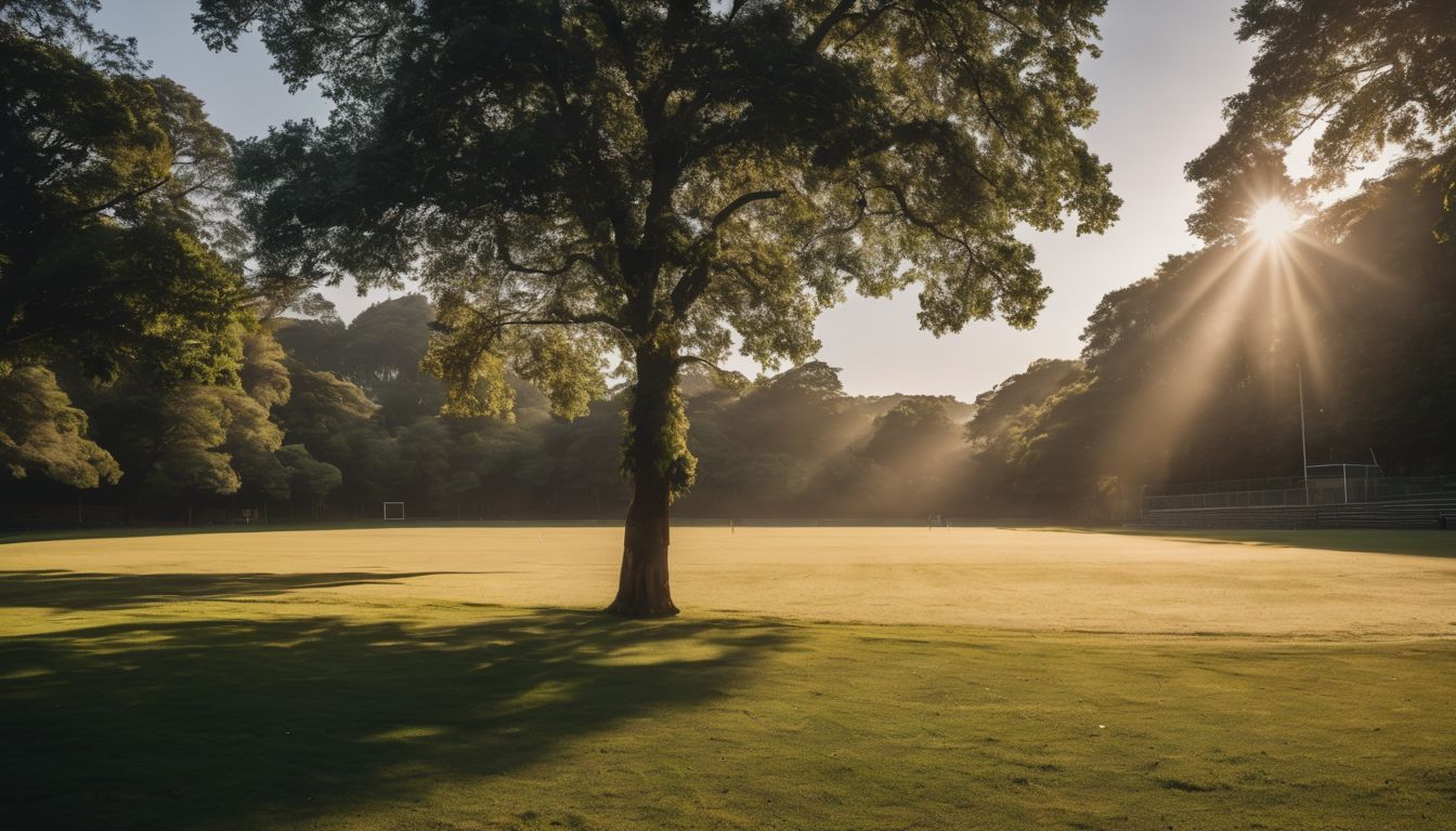 Sunlight filtering through a large tree onto an empty soccer field in a tranquil park setting.