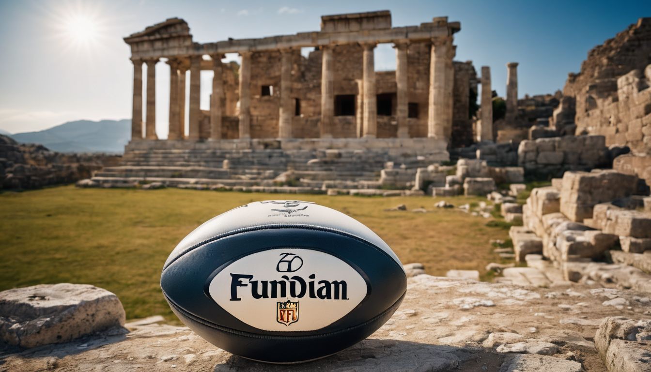 An american football rests in the foreground with the ancient ruins of a greek temple in the background under a bright sun.