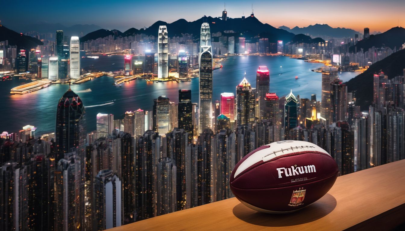 American football on a ledge with hong kong skyline at twilight in the background.