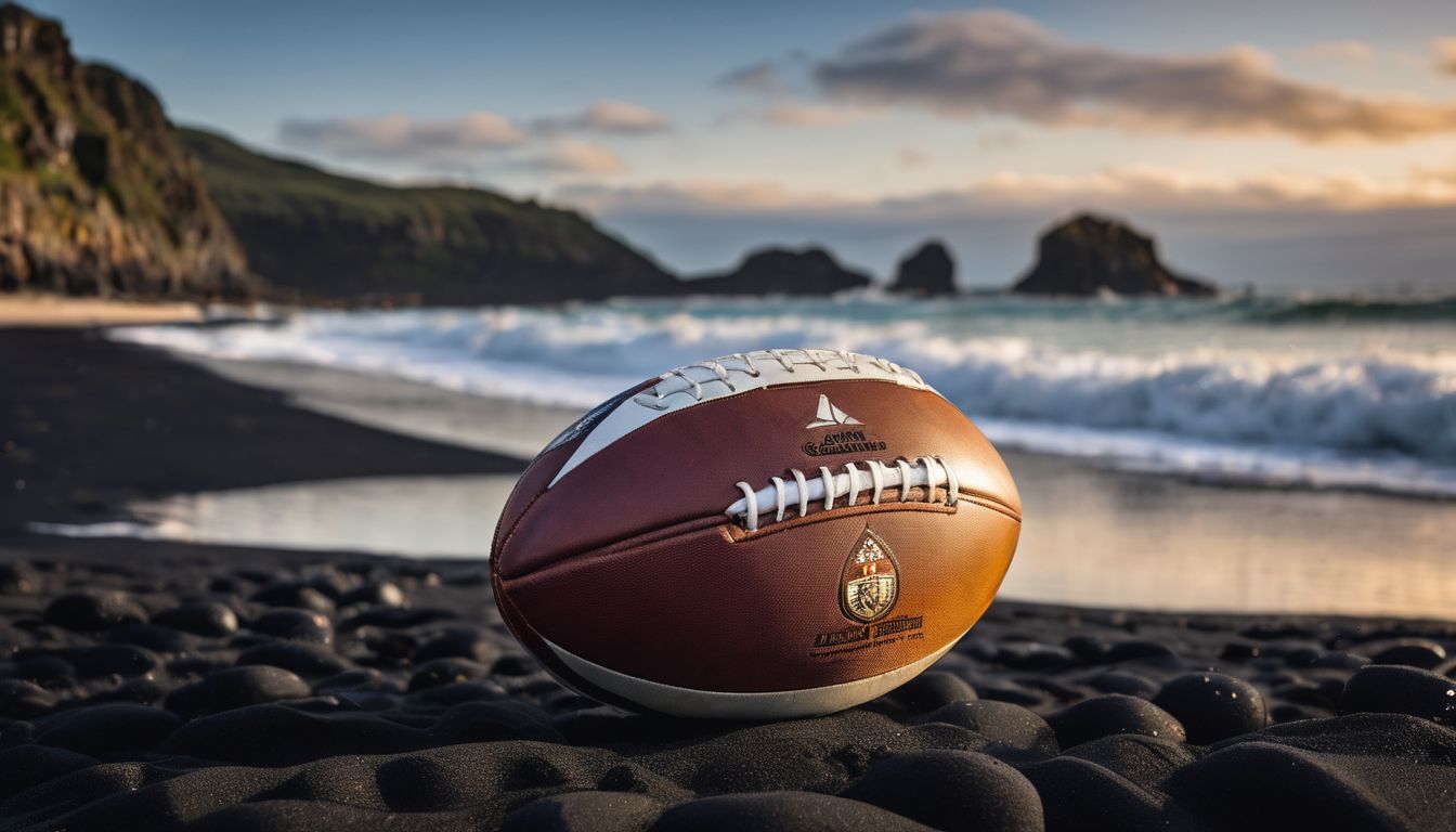 American football resting on a pebbled beach with waves and cliffs in the background.
