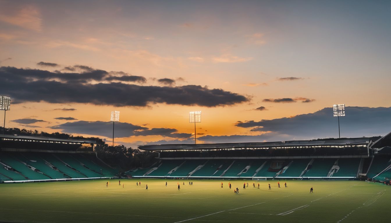 Football players training on a pitch at sunset with stadium lights on.