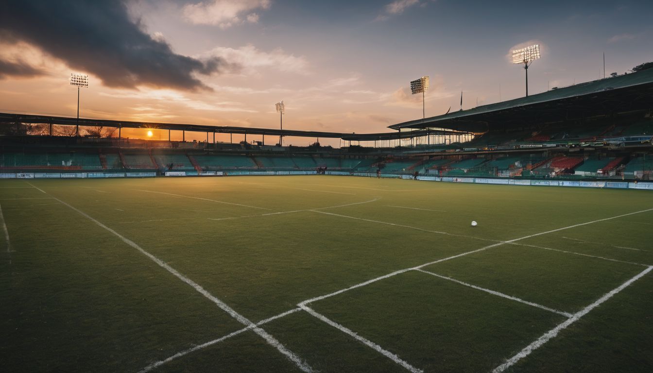 Sunset over an empty soccer stadium with the field marked for play.
