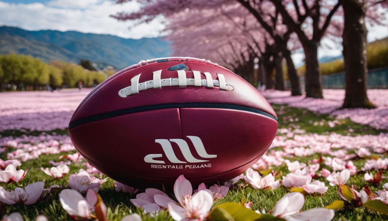American football on a bed of pink blossoms with trees in the background.