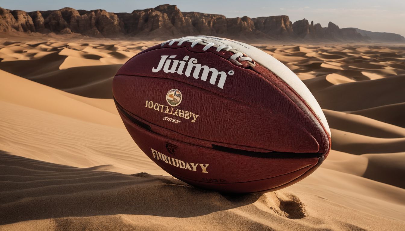 American football rests on a sandy desert with dunes and rock formations in the background.