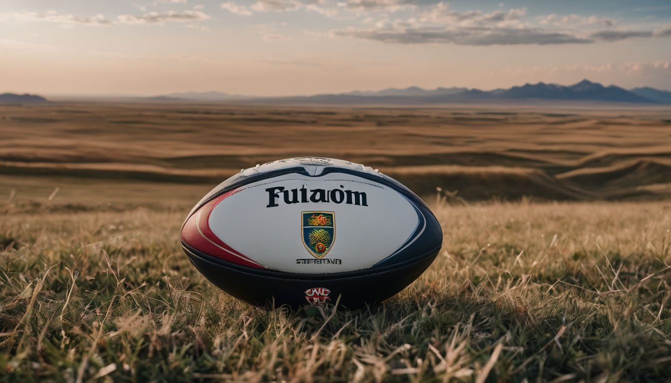 A rugby ball on grassy terrain with mountains in the background at dusk.