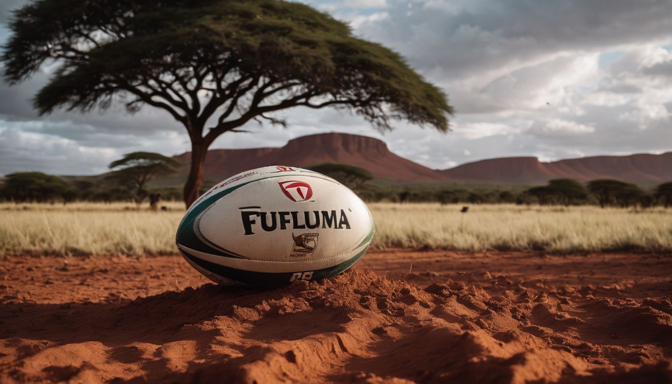 Rugby ball on sandy ground with a solitary tree and mountains in the background.