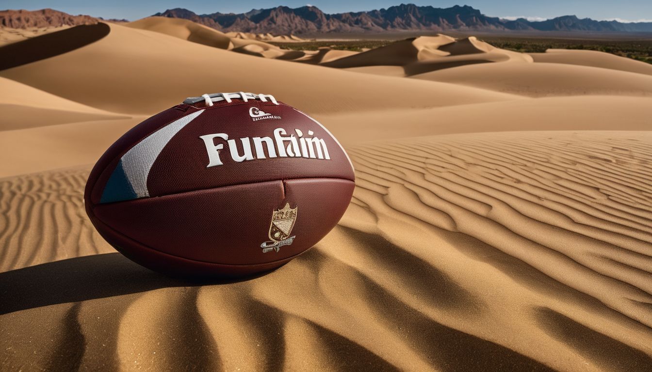 American football resting on textured sand dunes with mountains in the background.