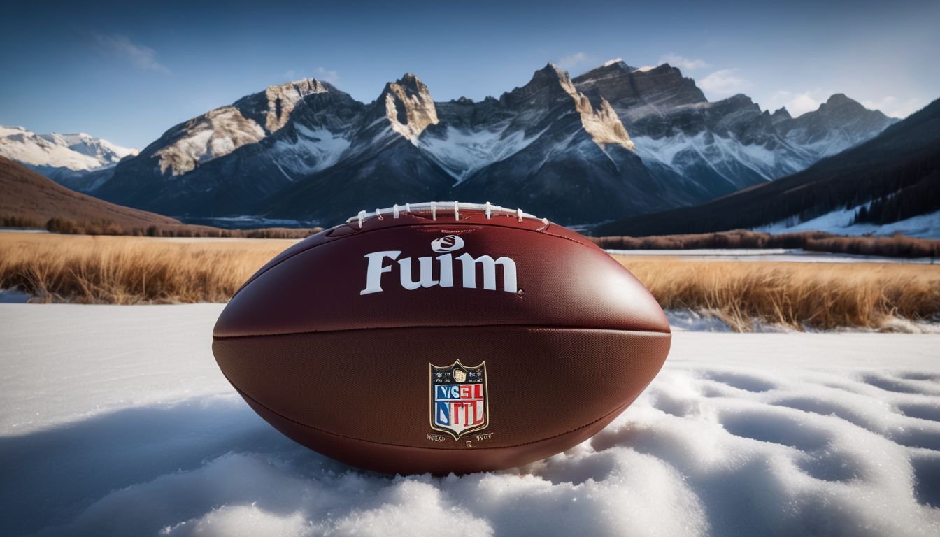 An american football resting on snow with majestic mountains in the background.