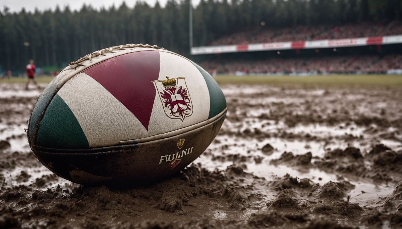 Close-up of a muddy rugby ball with a stadium in the background.
