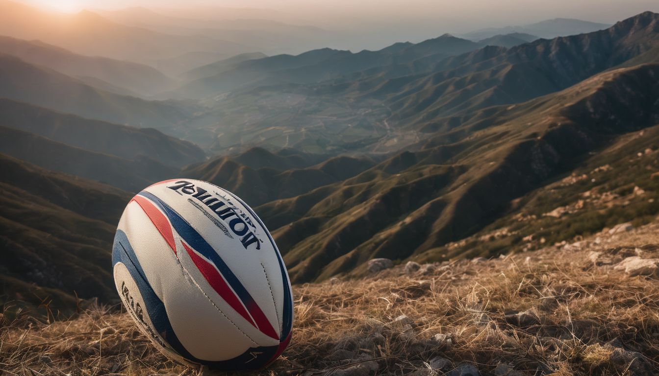 Rugby ball on a mountainous vista at sunset.