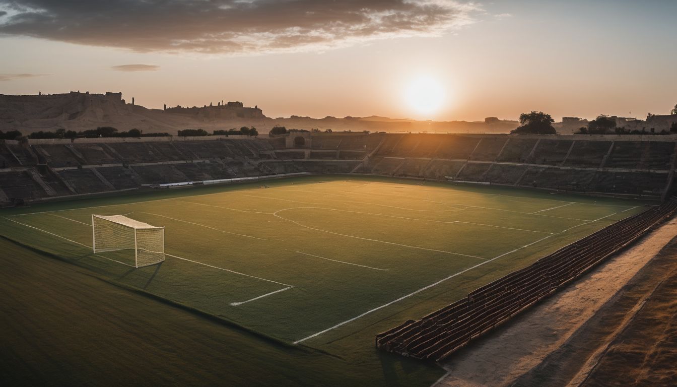 Sunset over an empty soccer stadium with historical buildings in the background.