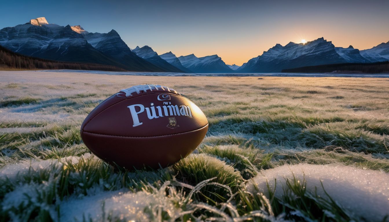 A football rests on a frost-covered field with a mountain range and sunrise in the background.
