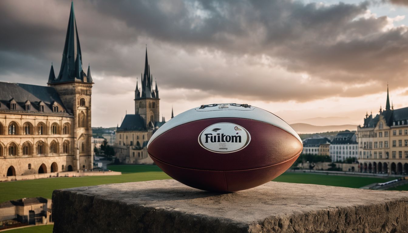 An american football placed on a stone ledge with a historic cathedral and cloudy sunset in the background.