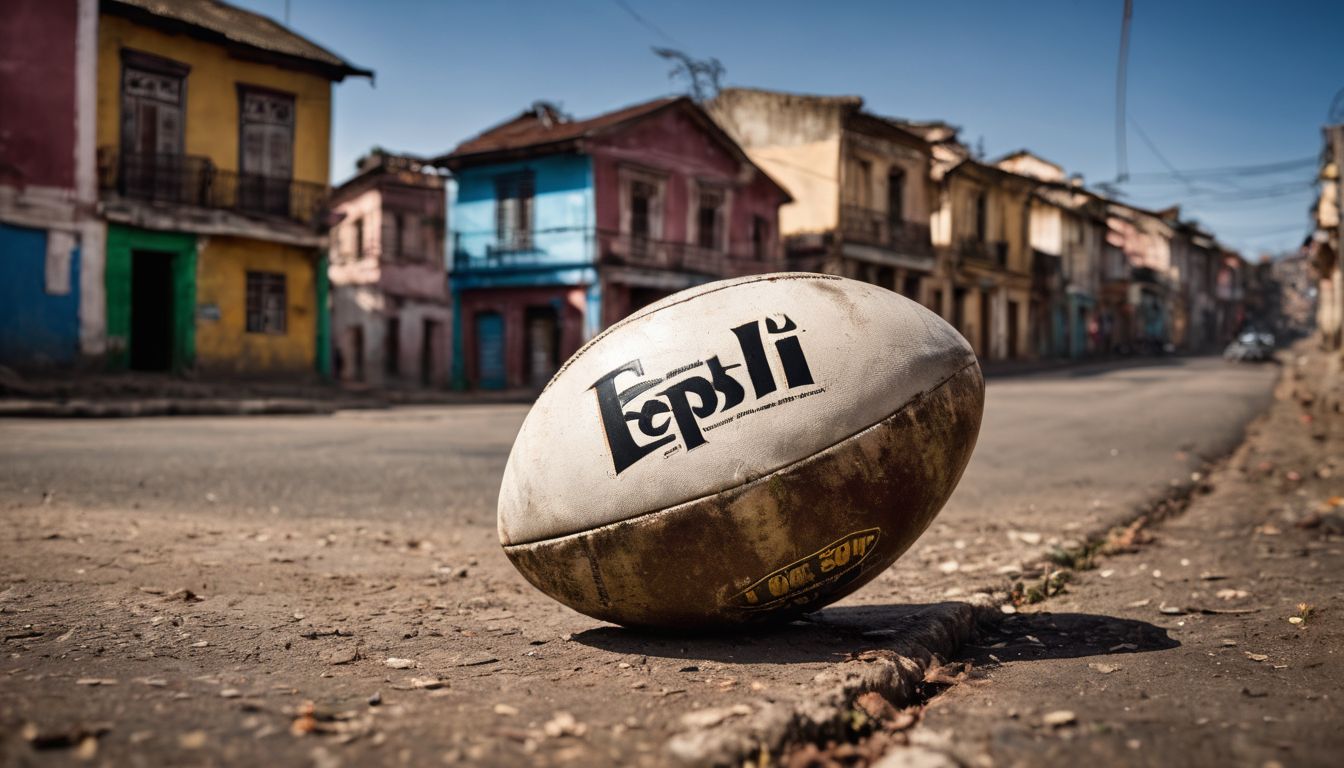 A rugby ball on a street with colorful, weathered buildings in the background.