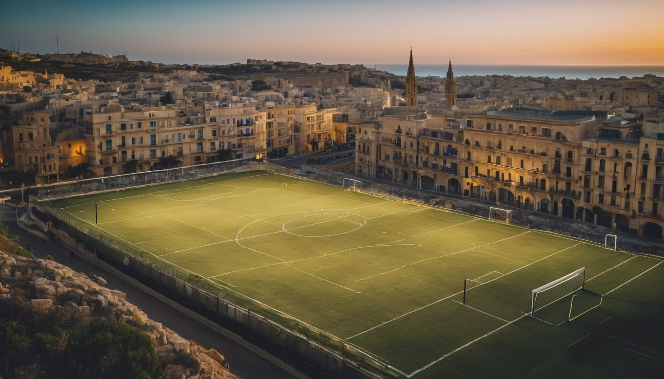 A rugby field in Malta with surrounding historical architecture basked in the warm glow of sunset.