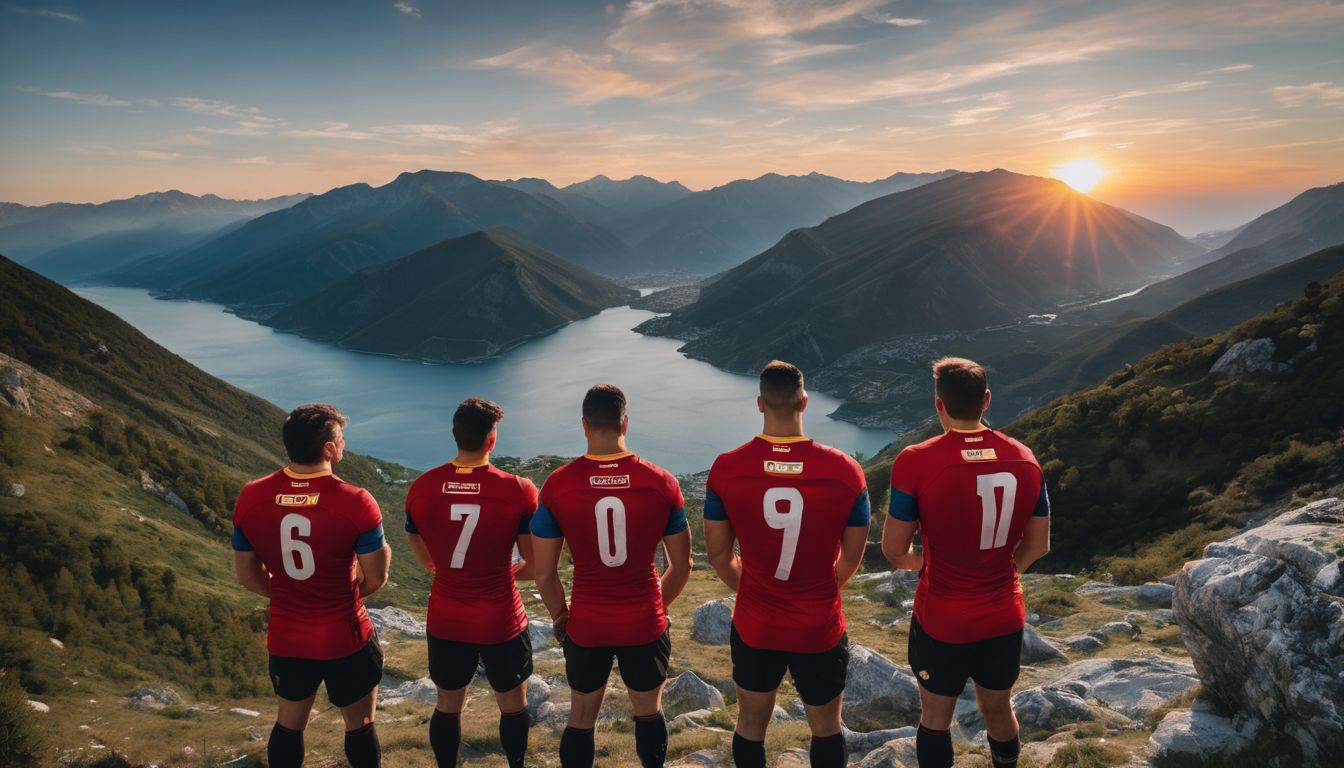 Five individuals wearing sports jerseys standing on a mountain overlooking a lake at sunset.