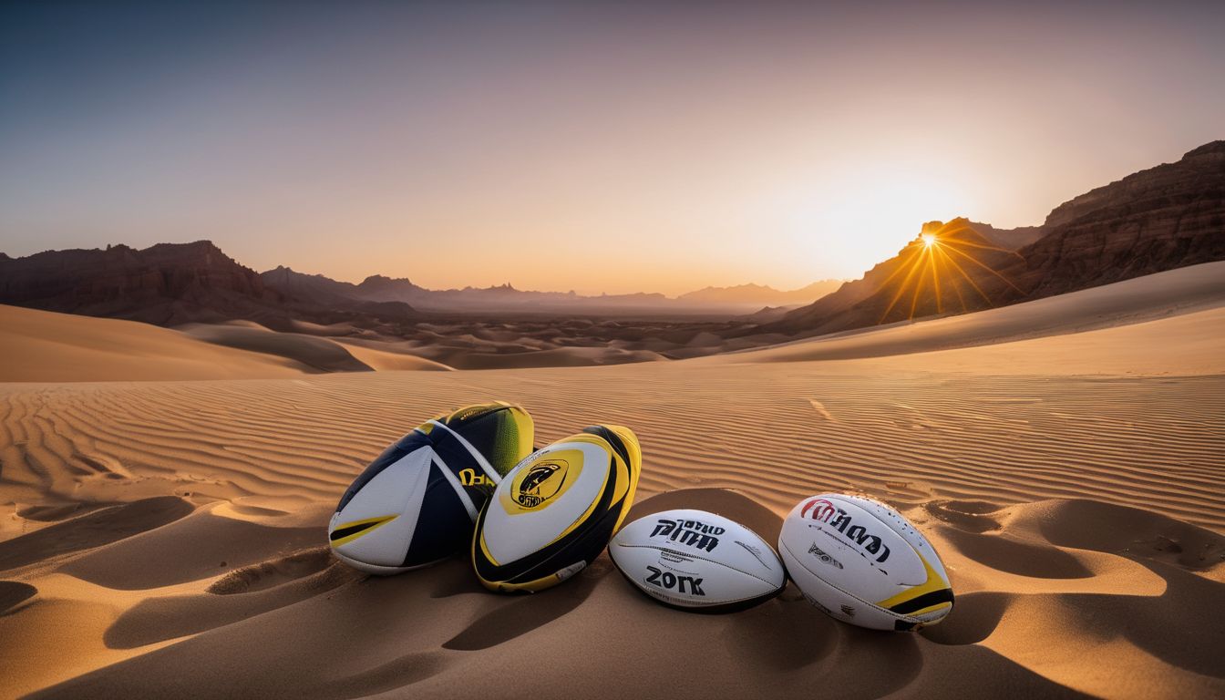 Three rugby balls on a desert sand dune at sunset.