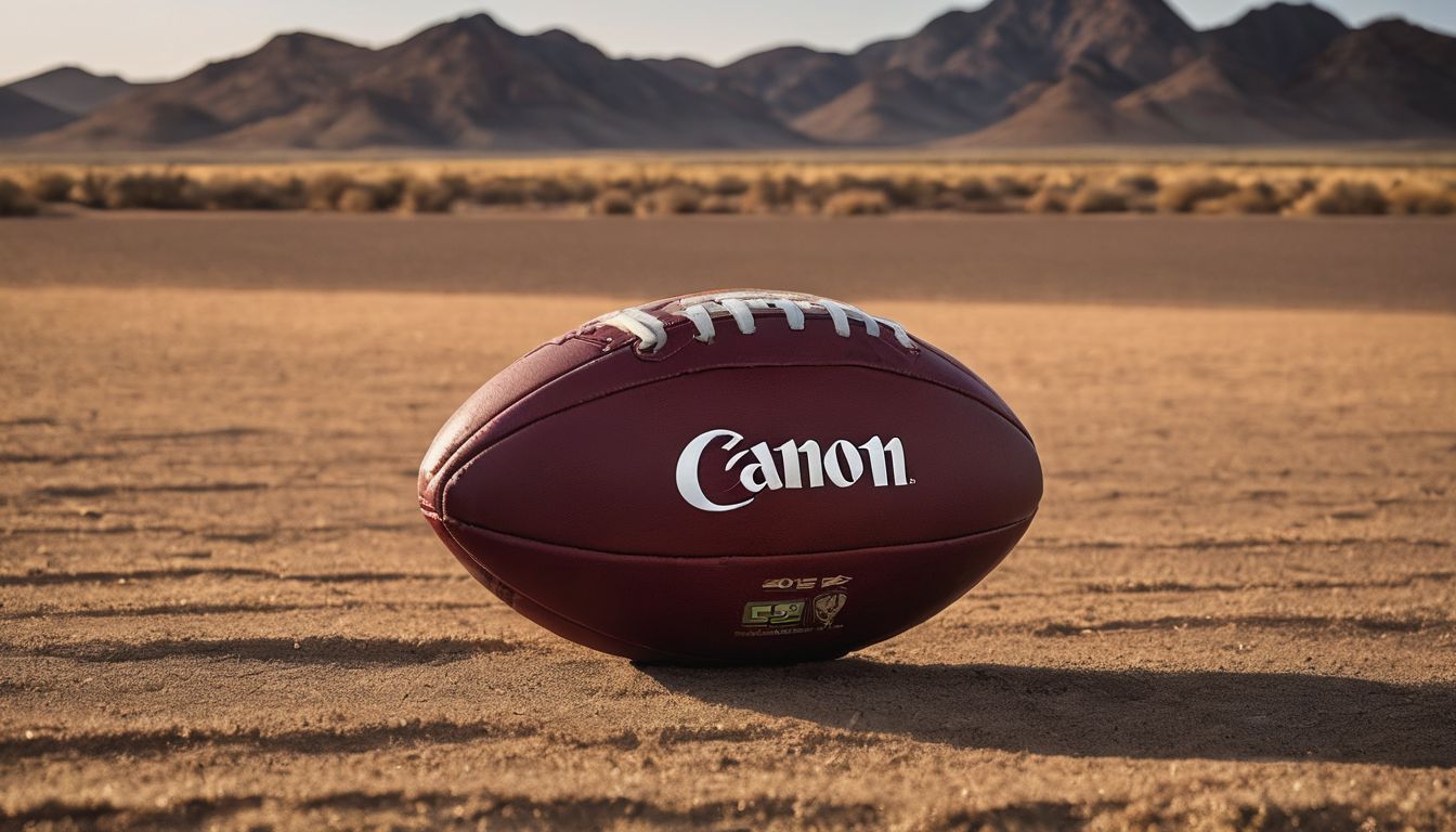 A football with the canon logo placed on sandy terrain with mountains in the background.