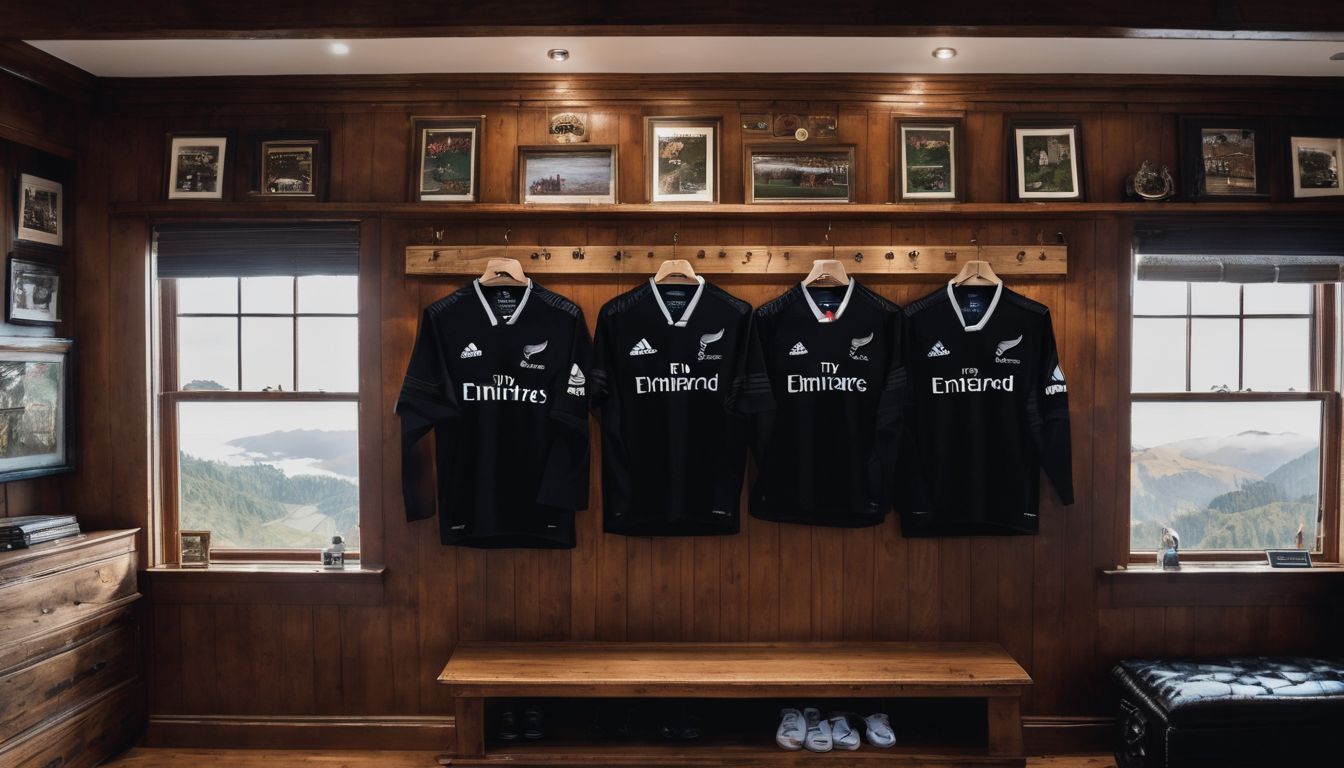 Rugby jerseys displayed in a wooden-paneled room with a scenic mountain view in the background.