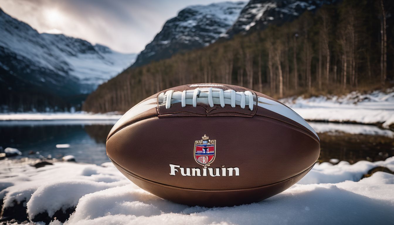 A football resting on snowy ground with a mountainous and lake backdrop.