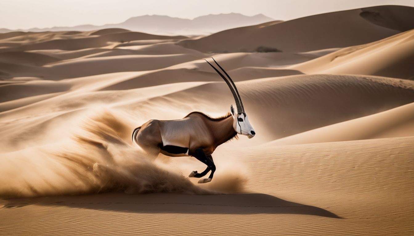 An oryx galloping across sweeping sand dunes in the desert, with sand kicked up in its wake.